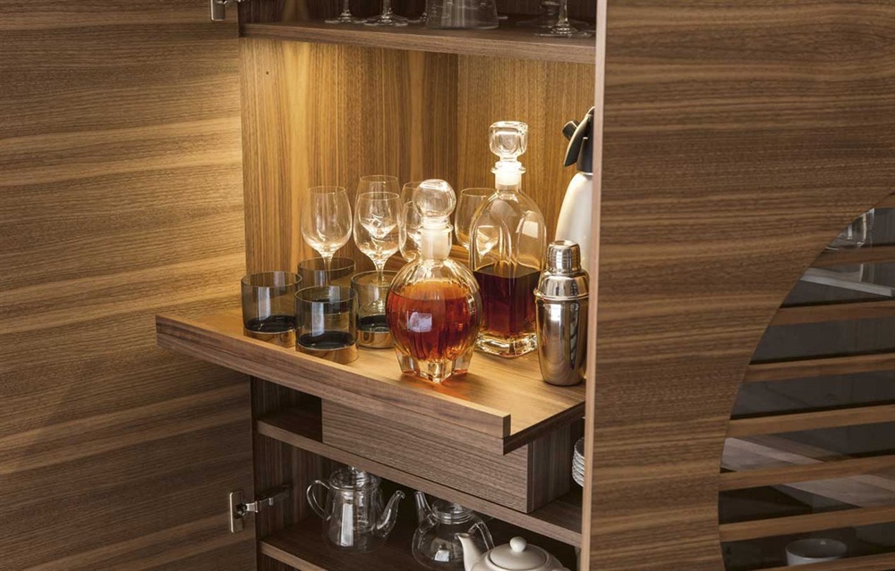 Porada Polifemo Bar cabinet showing pull-out drinks shelf