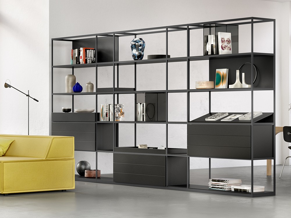 tado consists of modular basic and add-on shelves in two heights and two widths.