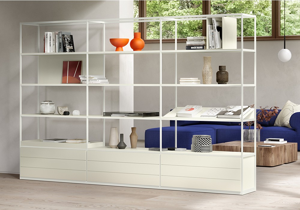 A combination of drawer modules, flat and angled shelving.